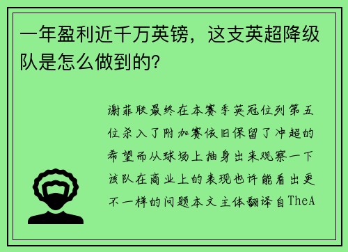 一年盈利近千万英镑，这支英超降级队是怎么做到的？